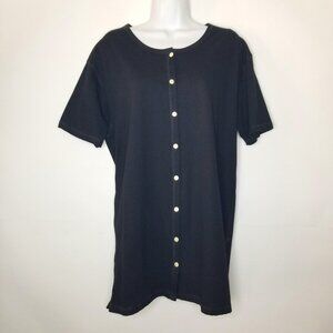 Vtg Pacer Womens L Black Cotton Button Up Crew Neck Short Sleeve Tunic Top Shirt